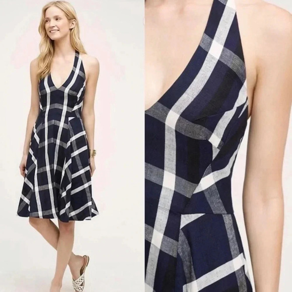 Eva Franco Anthropologie Anya Navy Plaid Linen Blend Halter Dress Size 2 - Picture 11 of 11